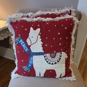 Pier 1 Red Llama Holiday Peace Pillows with Blue and White Accents
